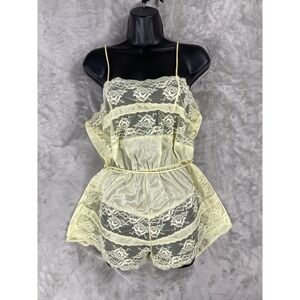 Vintage 80s Texsheen Nightie Large Nylon Lace Babydoll Lingerie Sleepwear Yellow